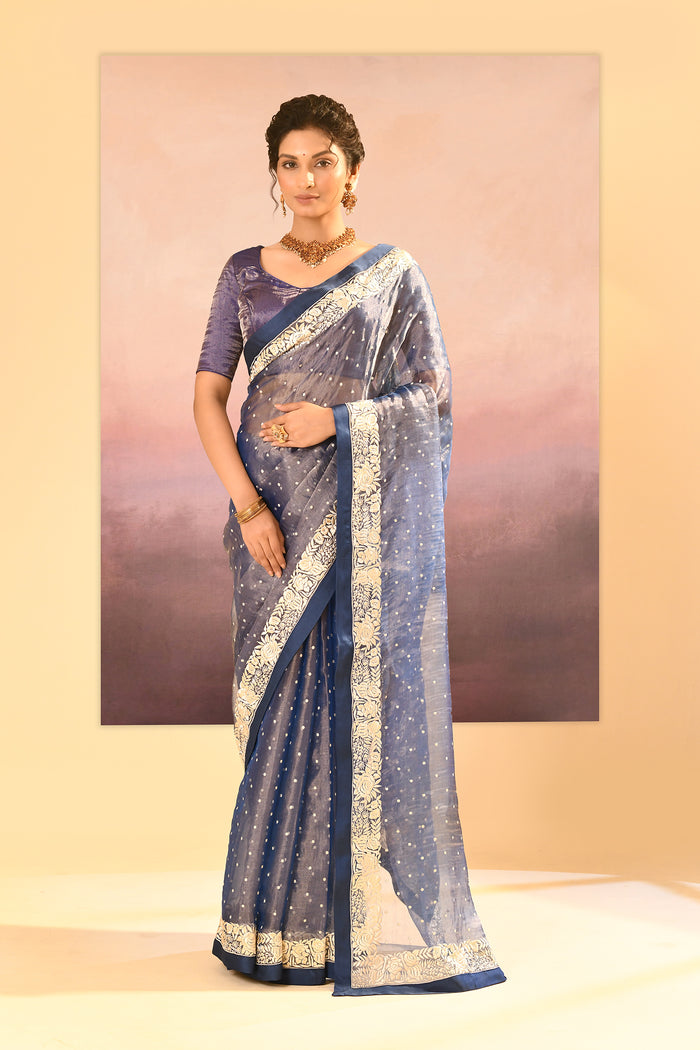 Metallic Blue Tissue Embroidered Saree