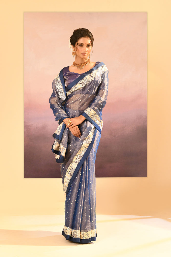 Metallic Blue Tissue Embroidered Saree