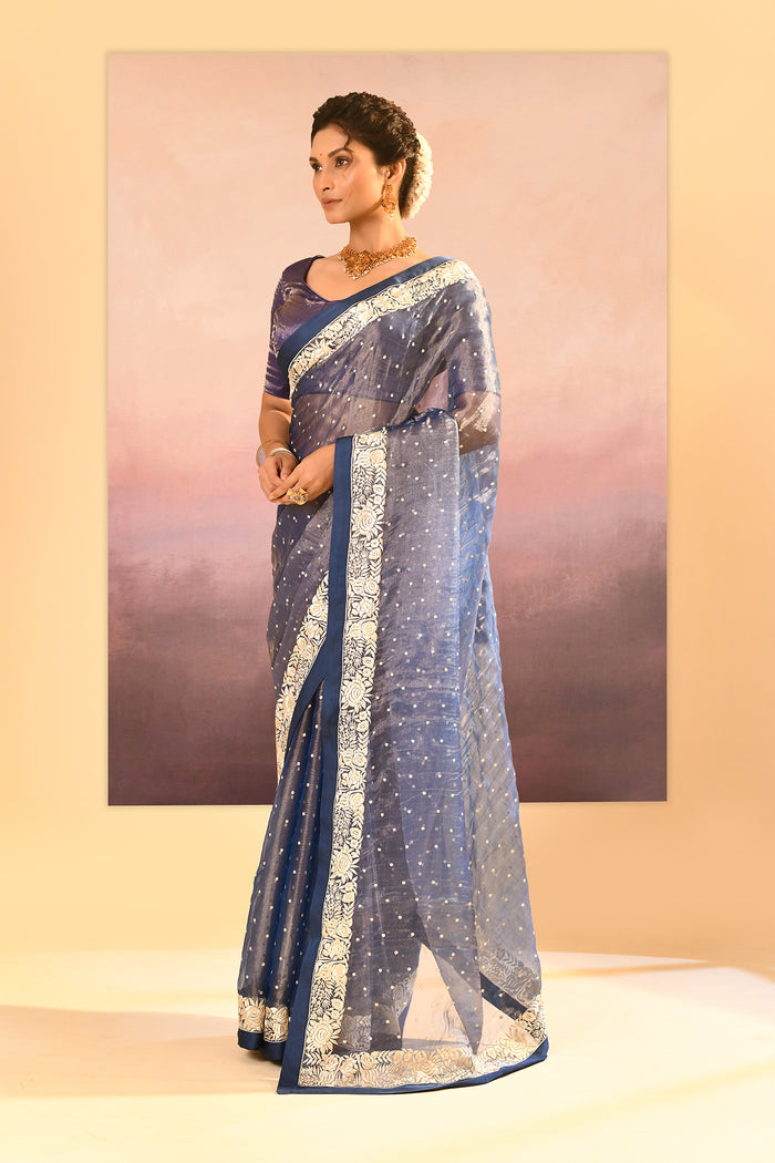 Metallic Blue Tissue Embroidered Saree
