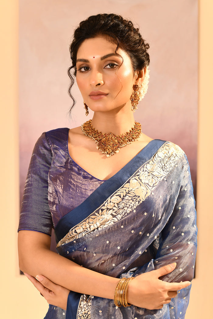 Metallic Blue Tissue Embroidered Saree