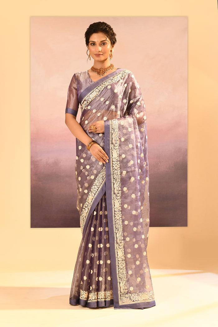 Metallic Dark Purple Tissue Embroidered Saree
