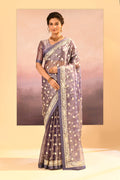 Metallic Dark Purple Tissue Embroidered Saree