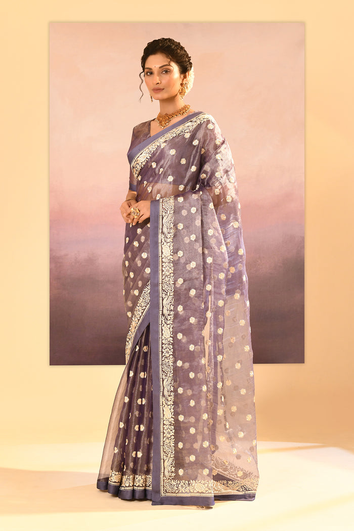 Metallic Dark Purple Tissue Embroidered Saree