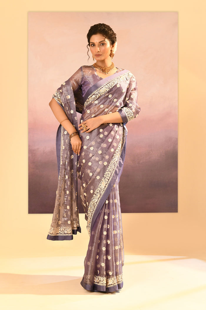 Metallic Dark Purple Tissue Embroidered Saree