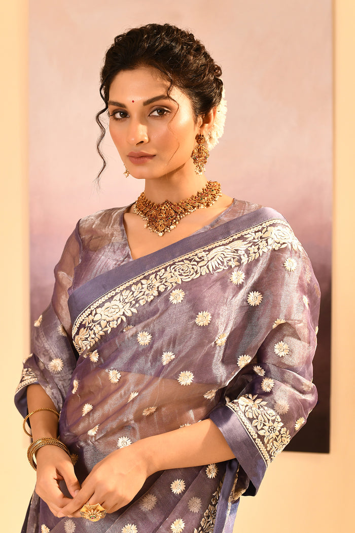 Metallic Dark Purple Tissue Embroidered Saree