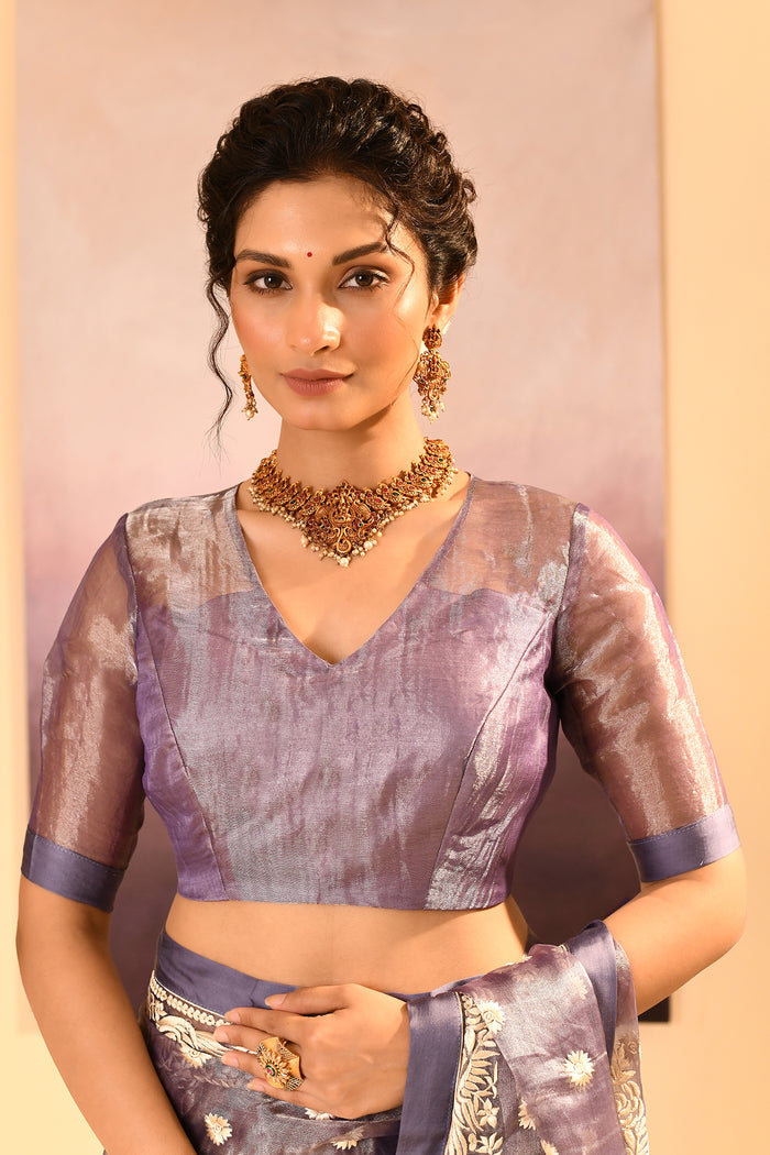 Metallic Dark Purple Tissue Embroidered Saree