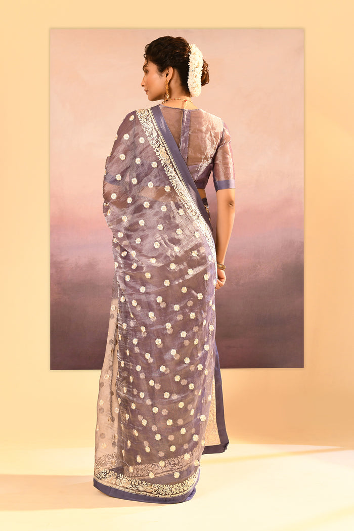 Metallic Dark Purple Tissue Embroidered Saree
