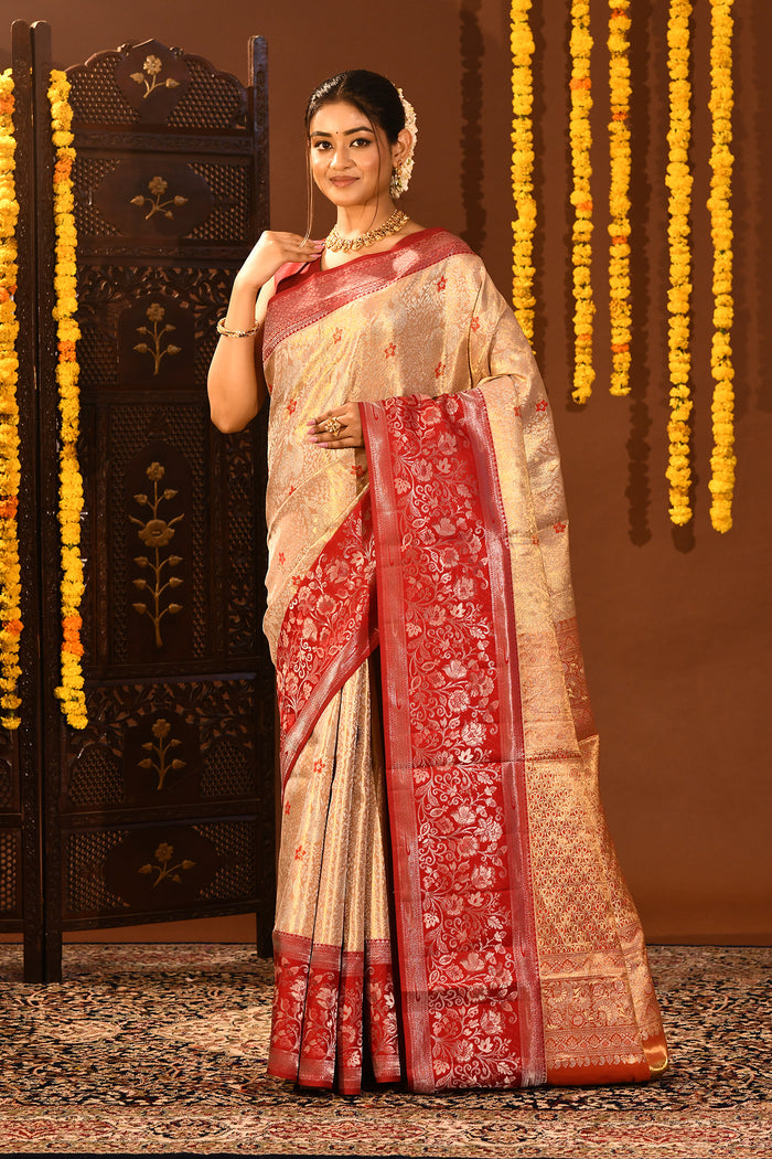 Metallic Gold With Red Contrast Border In Kanjivaram Tissue Silk Saree
