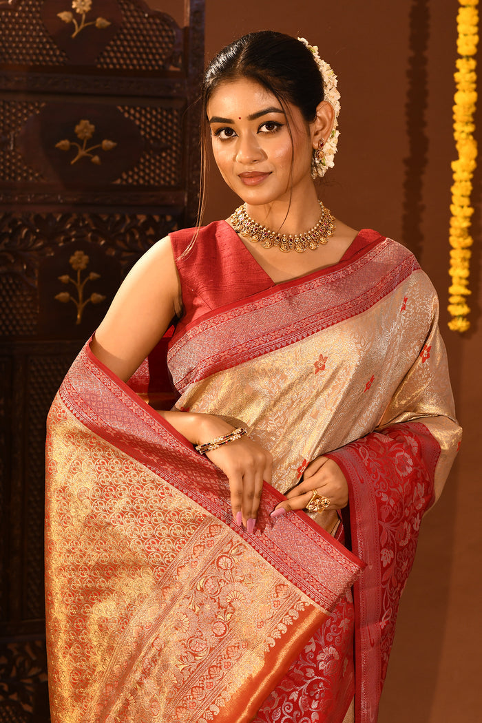Metallic Gold With Red Contrast Border In Kanjivaram Tissue Silk Saree