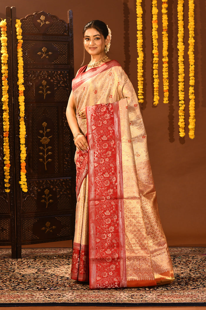 Metallic Gold With Red Contrast Border In Kanjivaram Tissue Silk Saree