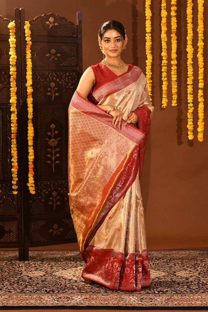 Metallic Gold With Red Contrast Border In Kanjivaram Tissue Silk Saree