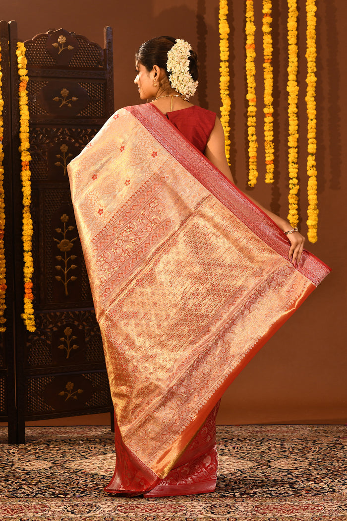 Metallic Gold With Red Contrast Border In Kanjivaram Tissue Silk Saree
