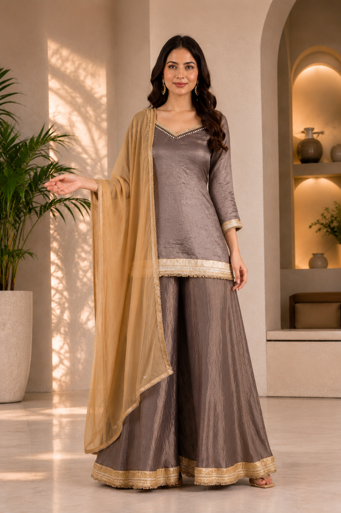 Metallic Light Brown Organza Sharara Set With Golden Border