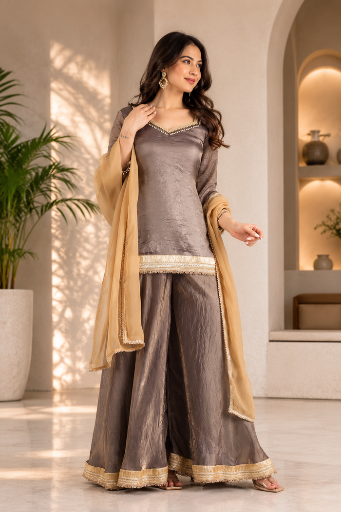 Metallic Light Brown Organza Sharara Set With Golden Border