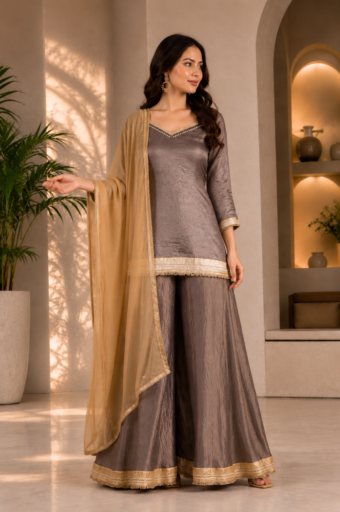 Metallic Light Brown Organza Sharara Set With Golden Border