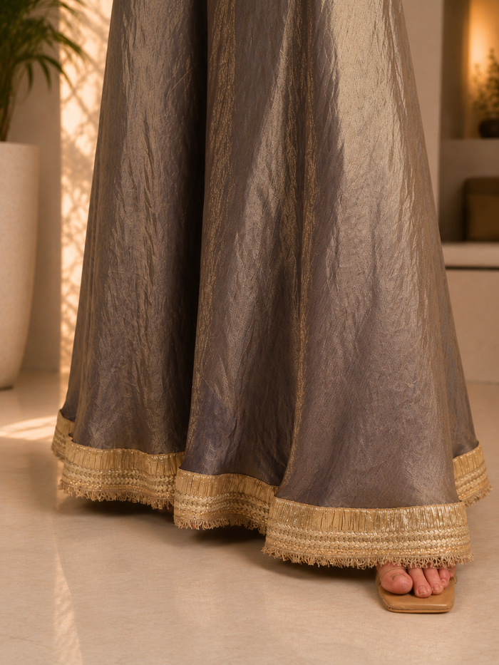 Metallic Light Brown Organza Sharara Set With Golden Border