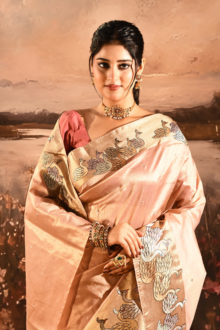 Metallic Onion Pink With Buttis And Swan Highlighted Border Tissue Designer Saree
