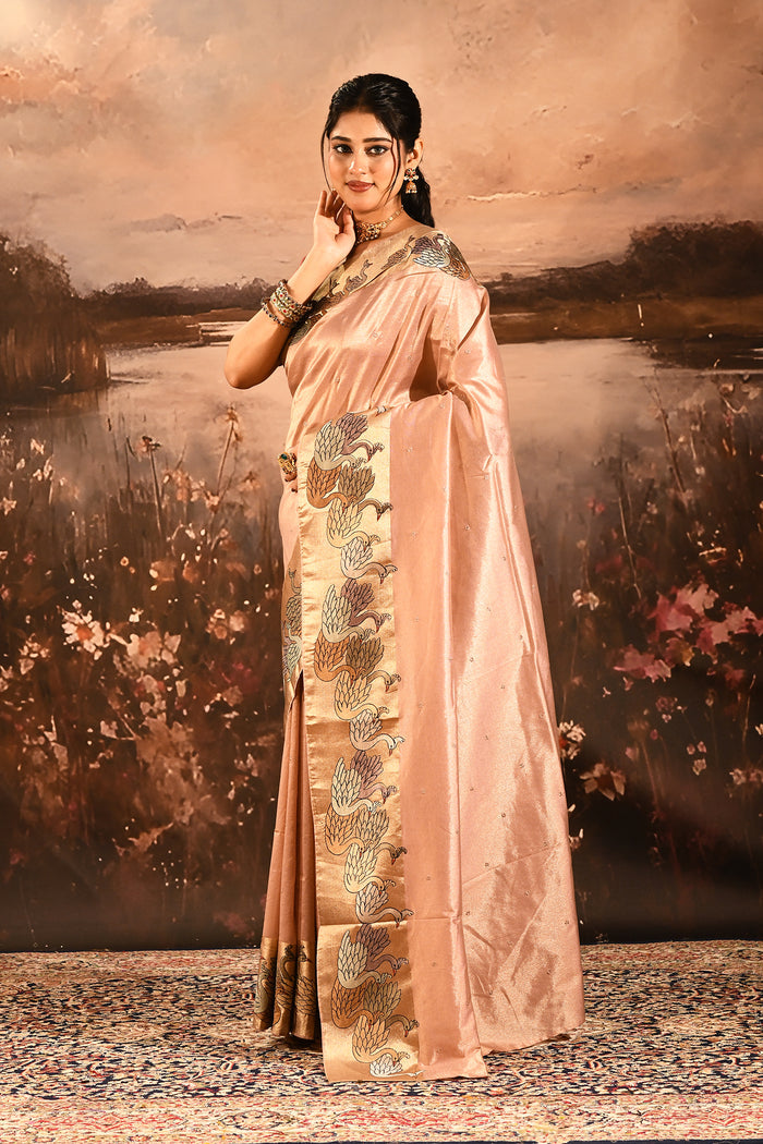 Metallic Onion Pink With Buttis And Swan Highlighted Border Tissue Designer Saree