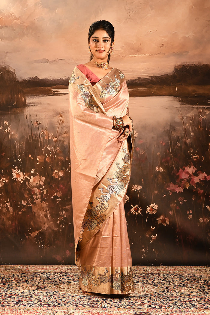 Metallic Onion Pink With Buttis And Swan Highlighted Border Tissue Designer Saree