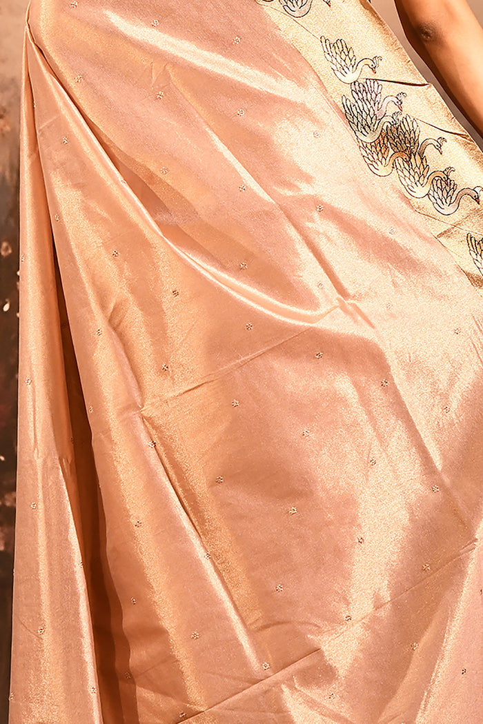 Metallic Onion Pink With Buttis And Swan Highlighted Border Tissue Designer Saree