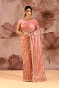 Metallic Pink Floral Meenakari Jaal Organza Embroidery Tissue Saree