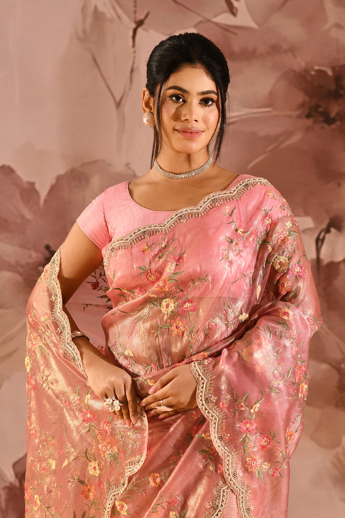Metallic Pink Floral Meenakari Jaal Organza Embroidery Tissue Saree