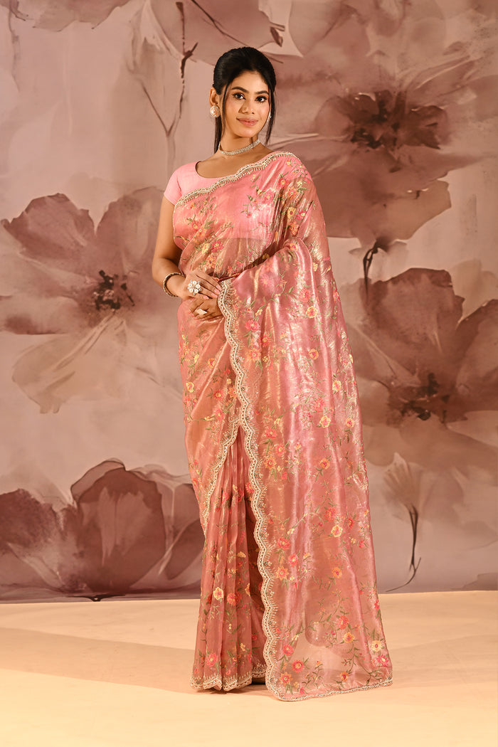 Metallic Pink Floral Meenakari Jaal Organza Embroidery Tissue Saree