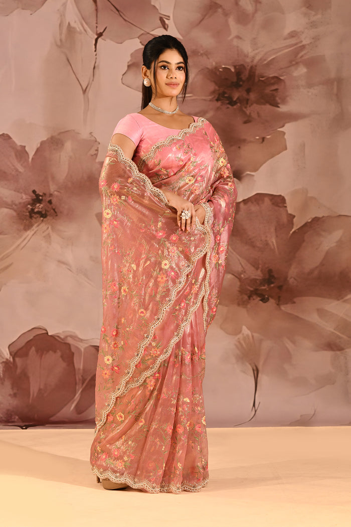 Metallic Pink Floral Meenakari Jaal Organza Embroidery Tissue Saree