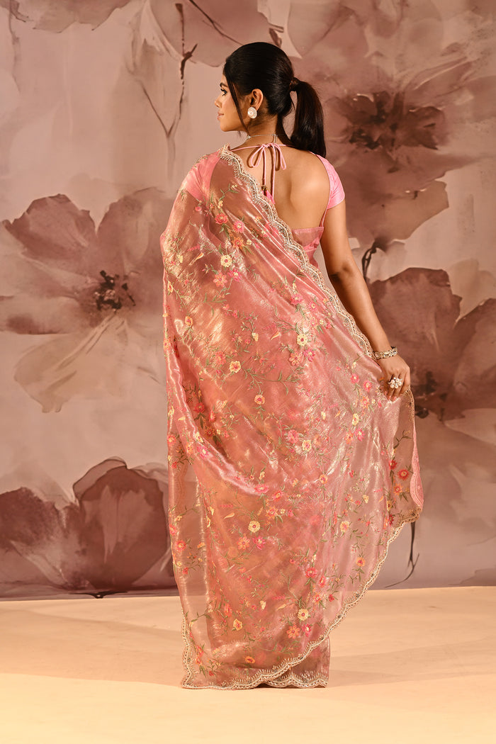 Metallic Pink Floral Meenakari Jaal Organza Embroidery Tissue Saree