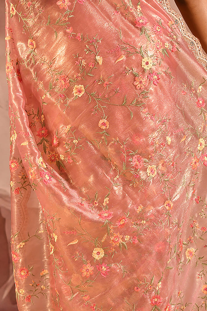 Metallic Pink Floral Meenakari Jaal Organza Embroidery Tissue Saree