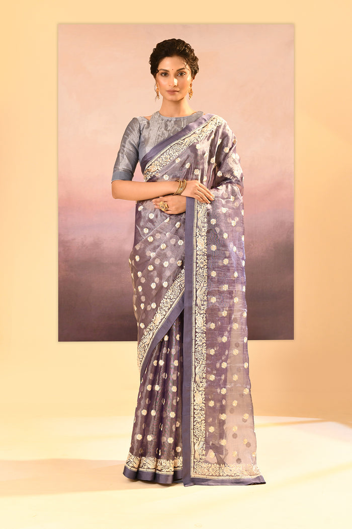Metallic Silver Blue Tissue Embroidered Saree
