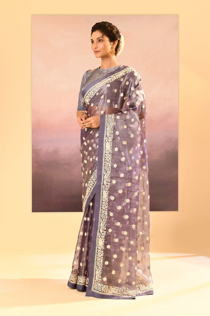 Metallic Silver Blue Tissue Embroidered Saree