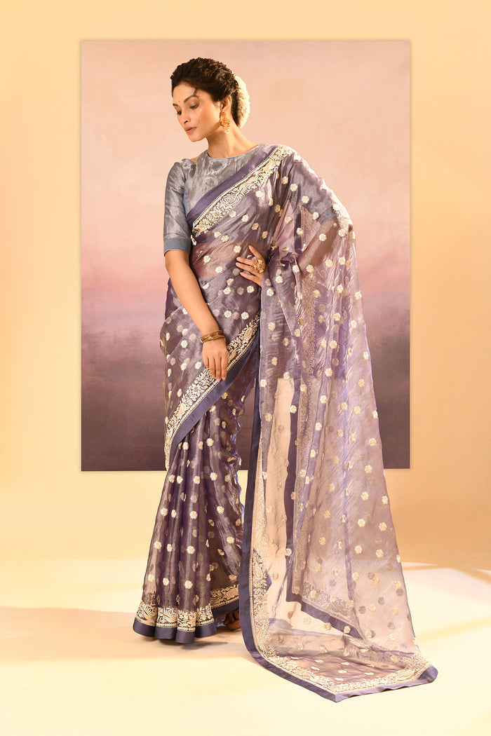 Metallic Silver Blue Tissue Embroidered Saree