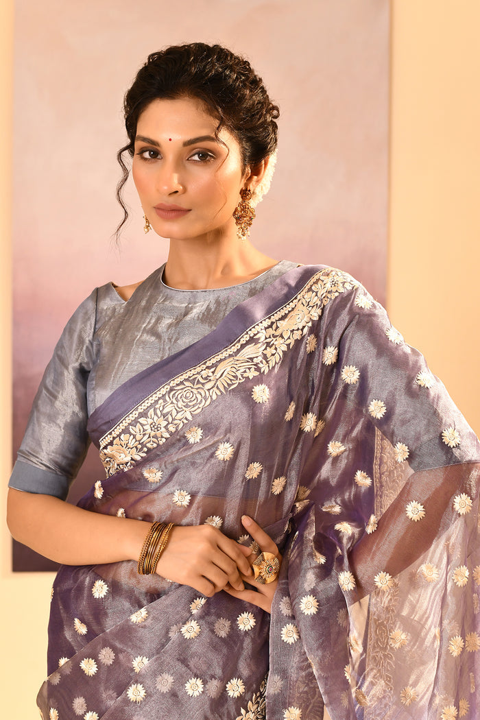 Metallic Silver Blue Tissue Embroidered Saree