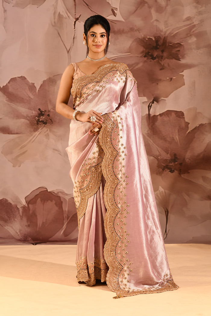 Metallic Soft Pink Scalloped Border Embroidery Saree