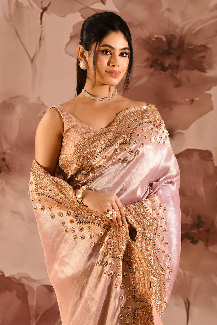 Metallic Soft Pink Scalloped Border Embroidery Saree