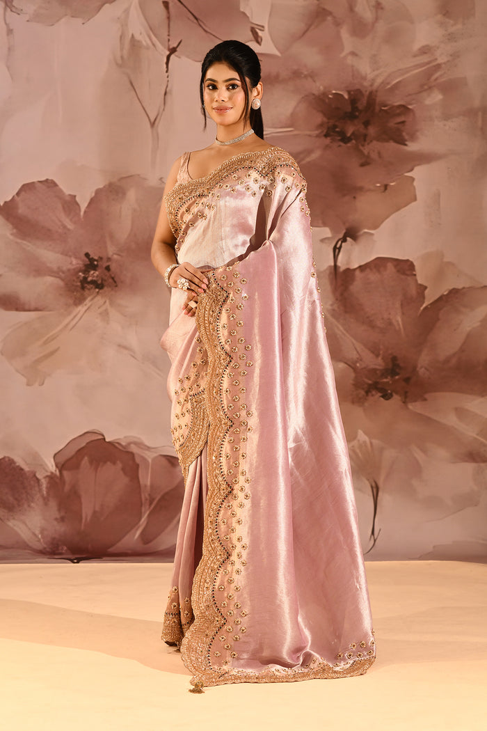 Metallic Soft Pink Scalloped Border Embroidery Saree