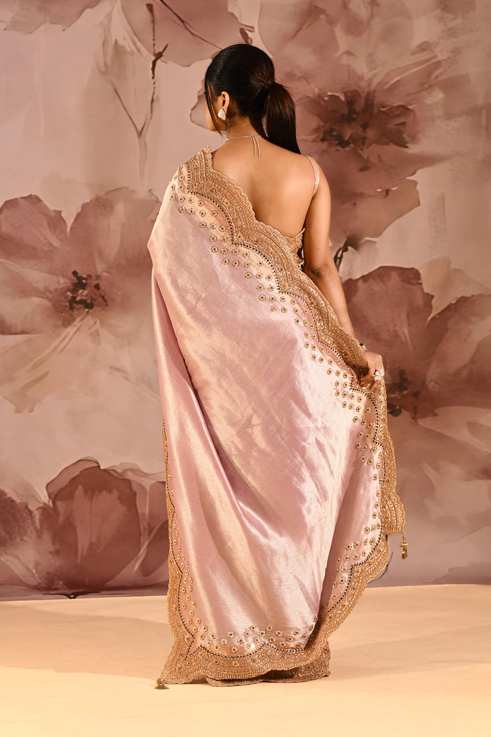 Metallic Soft Pink Scalloped Border Embroidery Saree