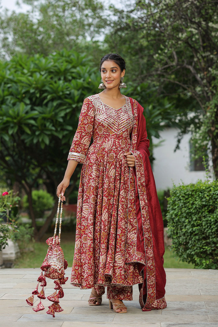 <img> Mexican Red Cotton Floral Printed Anarkali Set