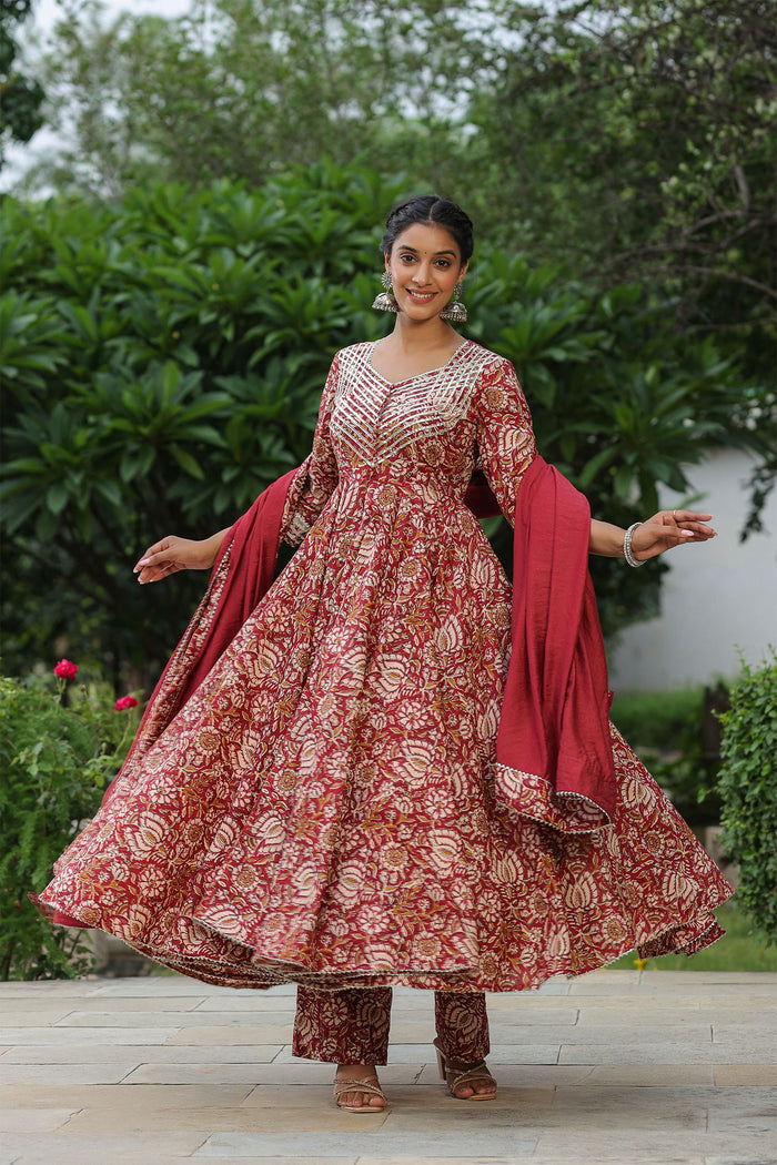 <img> Mexican Red Cotton Floral Printed Anarkali Set