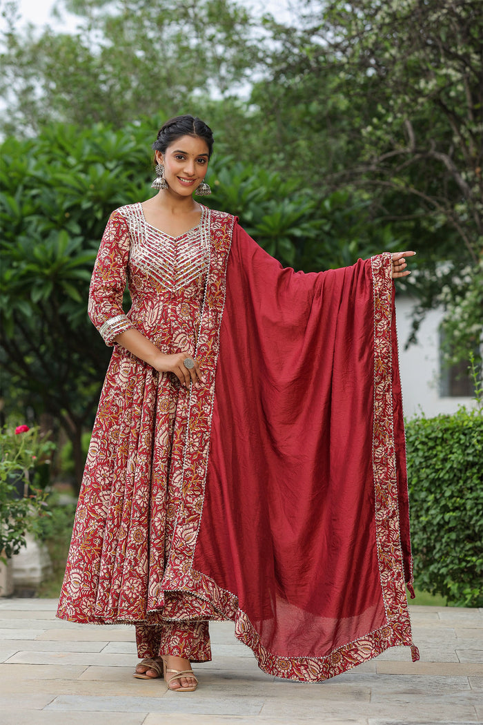 <img> Mexican Red Cotton Floral Printed Anarkali Set