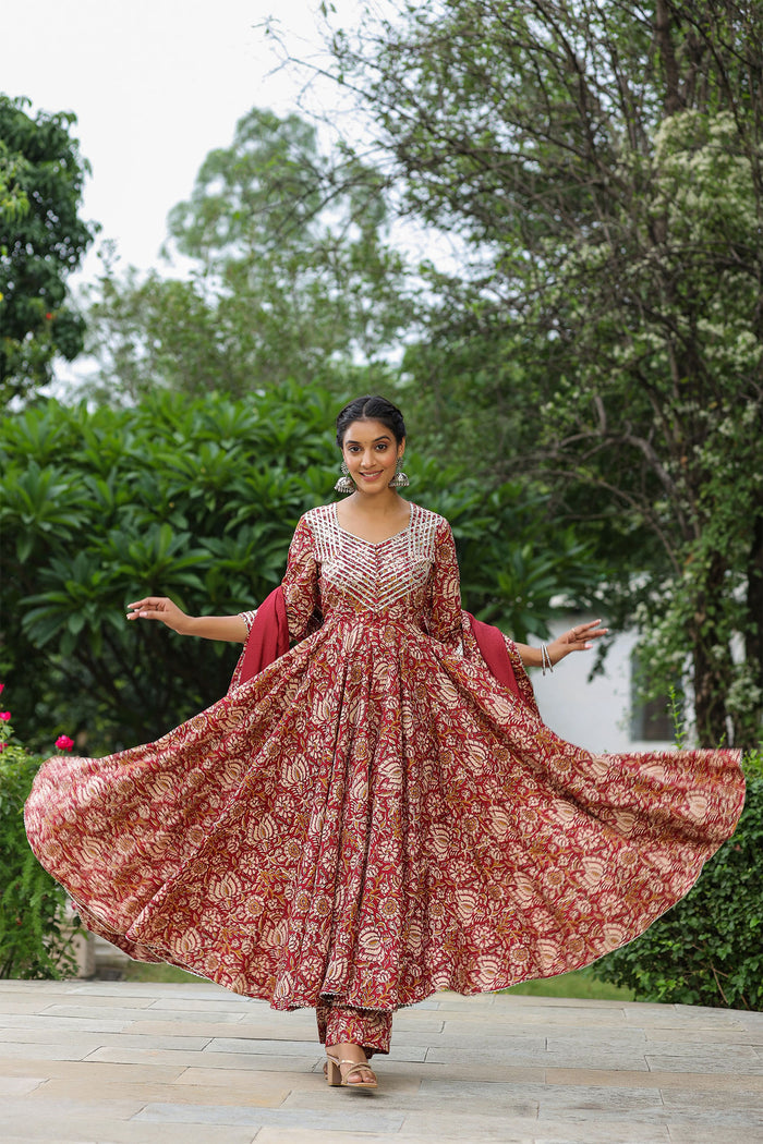 <img> Mexican Red Cotton Floral Printed Anarkali Set