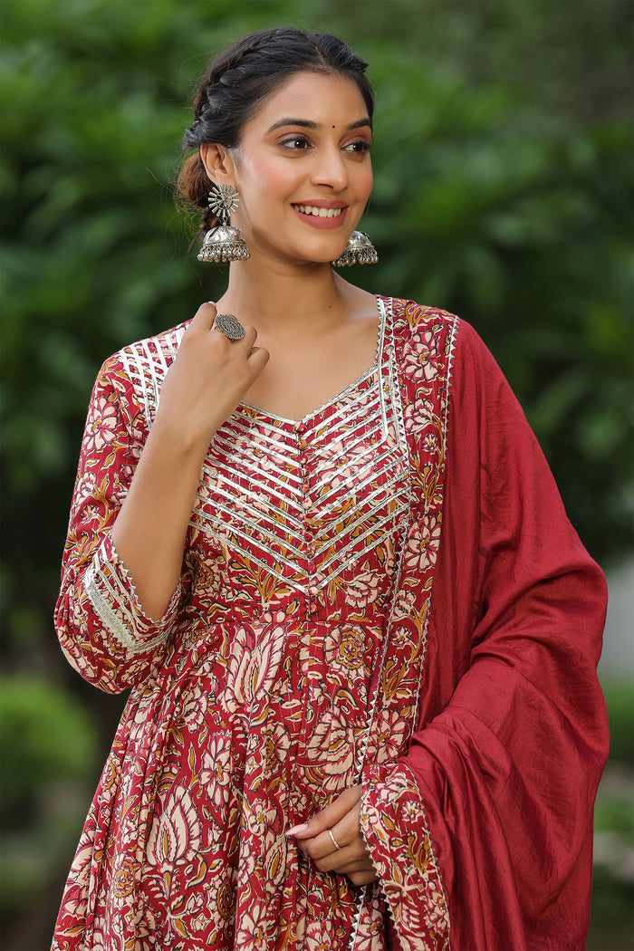 <img> Mexican Red Cotton Floral Printed Anarkali Set