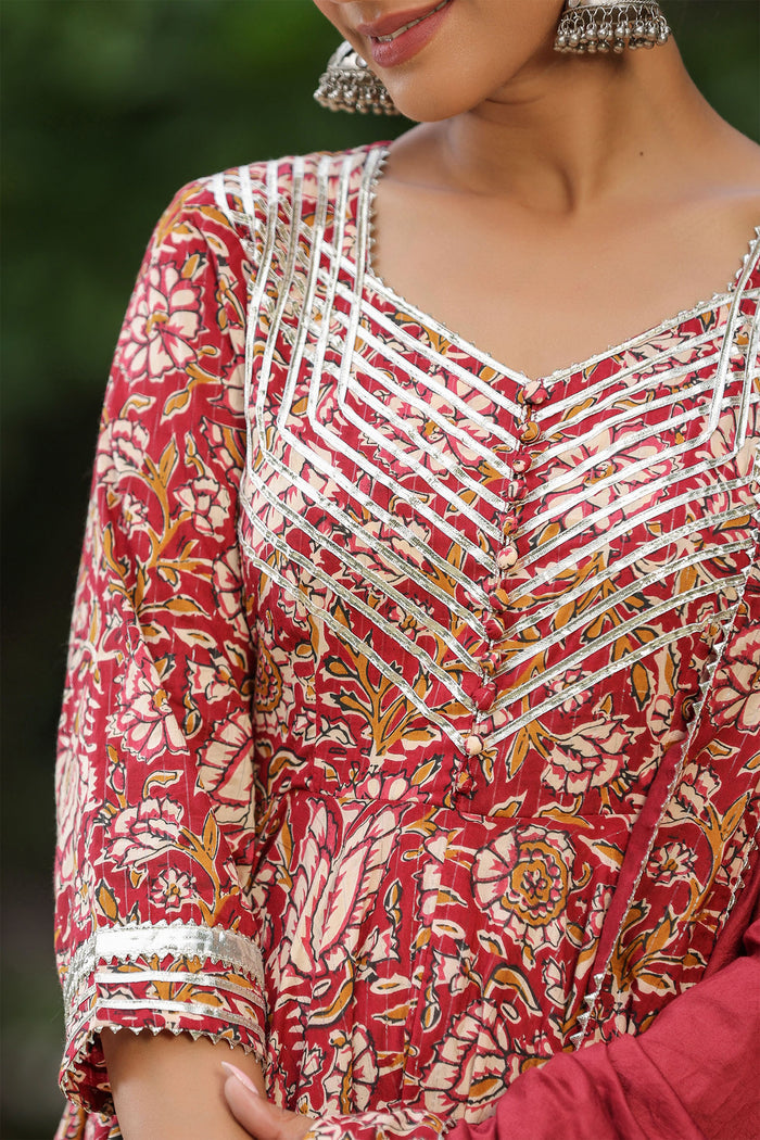 <img> Mexican Red Cotton Floral Printed Anarkali Set