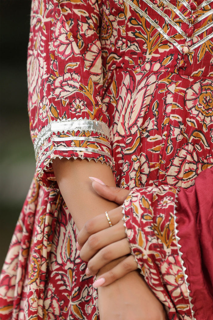 <img> Mexican Red Cotton Floral Printed Anarkali Set