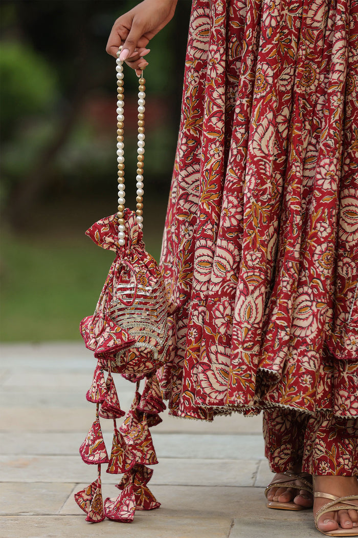 <img> Mexican Red Cotton Floral Printed Anarkali Set