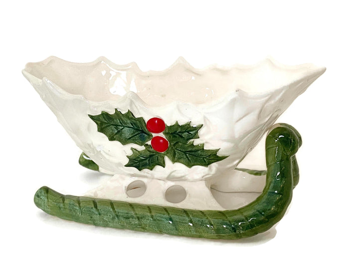 Midcentury Lefton Ceramic White Holly Sleigh at Duckwells
