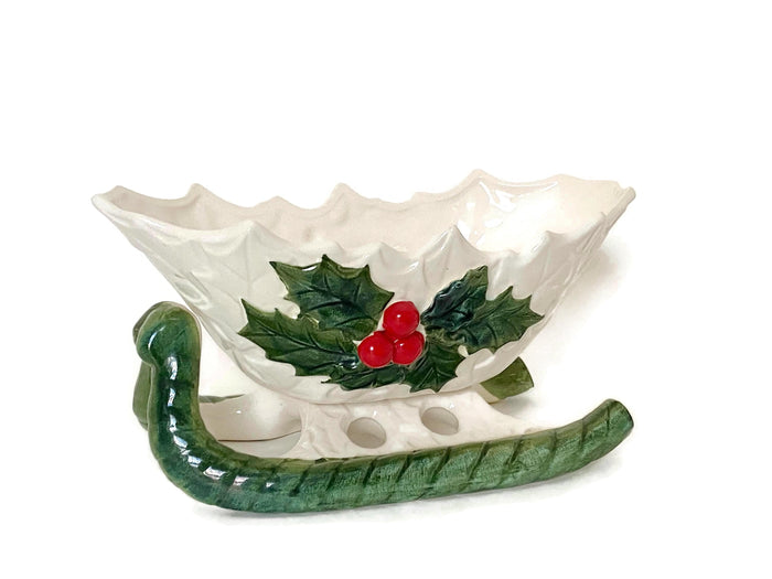 Midcentury Lefton Ceramic White Holly Sleigh at Duckwells