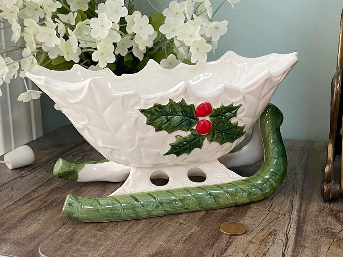 Midcentury Lefton Ceramic White Holly Sleigh at Duckwells