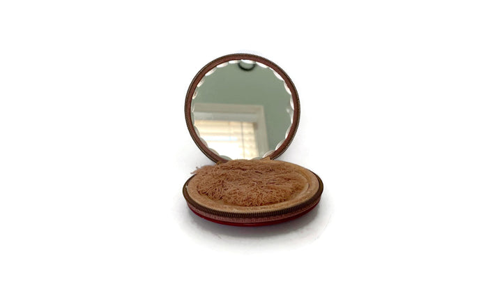 Midcentury Red Leather Zippered Mirrored Compact at Duckwells